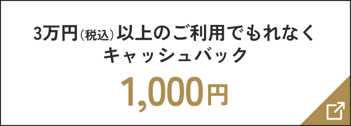 3万円(税込)以上のご利用でもれなくキャッシュバック 1,000円
